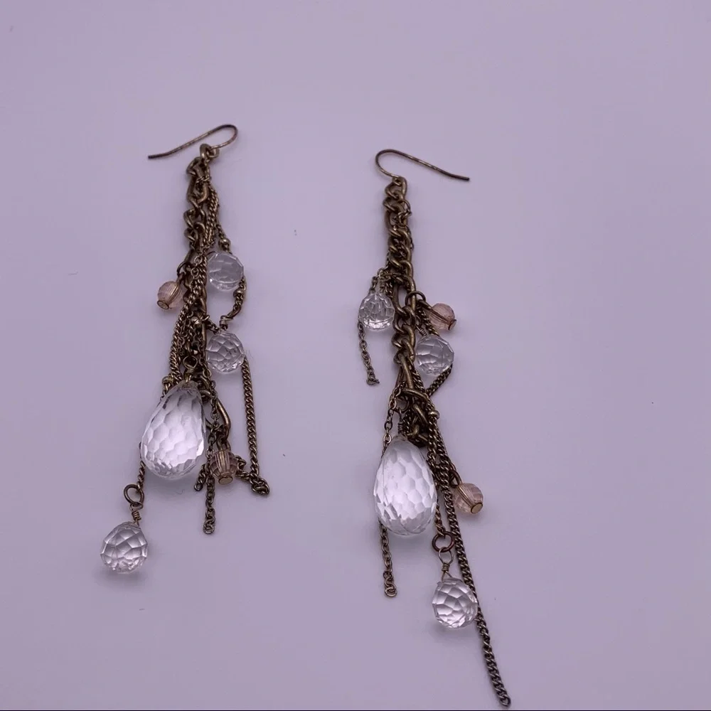 Gold Toned Chain and Clear Beaded Dangle Earrings